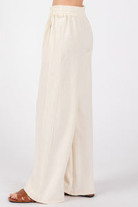 WIDE LEG RIBBED KNIT LOUNGE PANTS (CREAM) WITH POCKETS AND RIBBED SIDE PANEL 