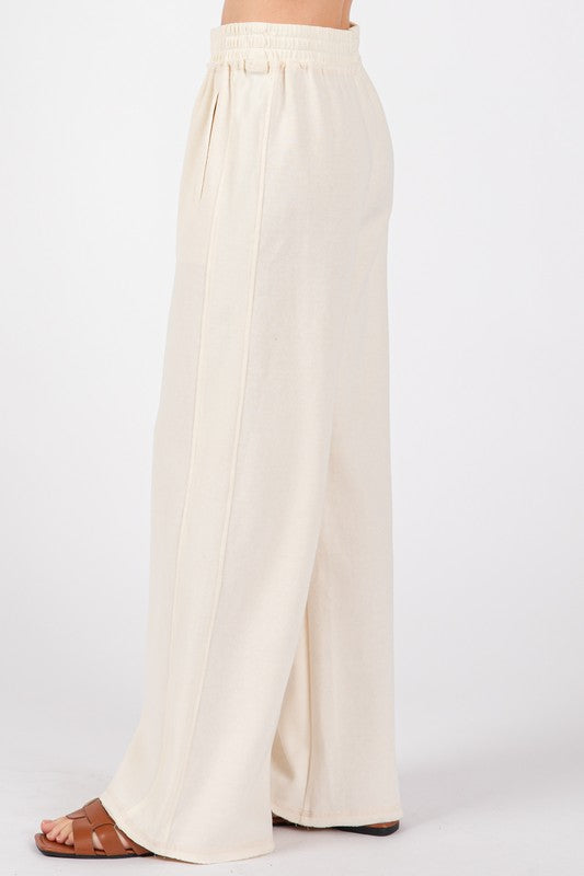 WIDE LEG RIBBED KNIT LOUNGE PANTS (CREAM) WITH POCKETS AND RIBBED SIDE PANEL 