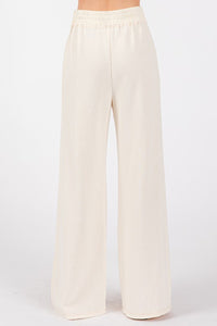 WIDE LEG RIBBED KNIT LOUNGE PANTS (CREAM) WITH POCKETS AND RIBBED SIDE PANEL 