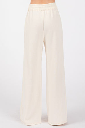 WIDE LEG RIBBED KNIT LOUNGE PANTS (CREAM) WITH POCKETS AND RIBBED SIDE PANEL 