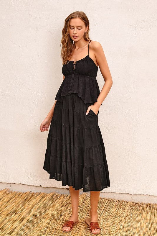 TIERED MIDI/MAXI SKIRT (BLACK) WITH ELASTIC WAISTBAND AND SIDE POCKETS