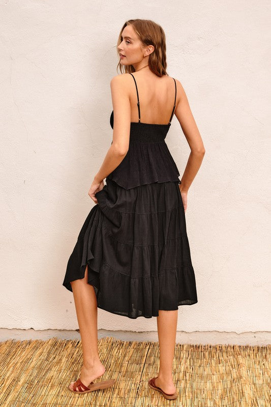 TIERED MIDI/MAXI SKIRT (BLACK) WITH ELASTIC WAISTBAND AND SIDE POCKETS