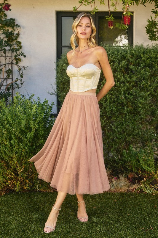 MESH PANELED MIDI SKIRT (BLUSH) 