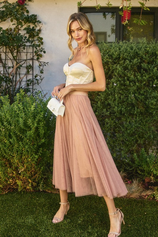 MESH PANELED MIDI SKIRT (BLUSH) 