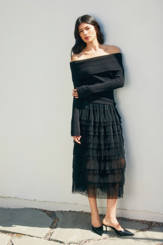TIERED MICRO-PLEAT MAXI SKIRT (BLACK)