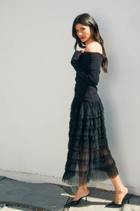 TIERED MICRO-PLEAT MAXI SKIRT (BLACK)