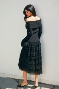 TIERED MICRO-PLEAT MAXI SKIRT (BLACK)