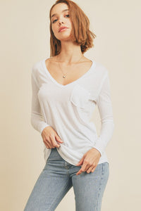 Ivory LONG SLEEVE WIDE V-NECK POCKET TEE