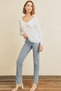 Ivory LONG SLEEVE WIDE V-NECK POCKET TEE