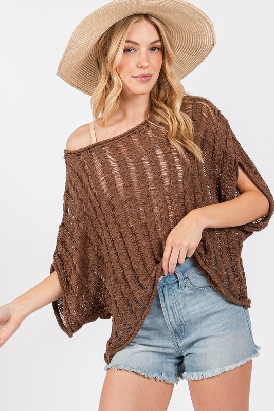 Ladder stitch loose knit top in brown