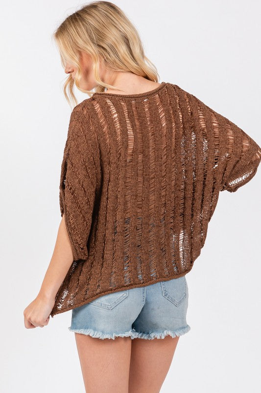 Ladder stitch loose knit top in brown