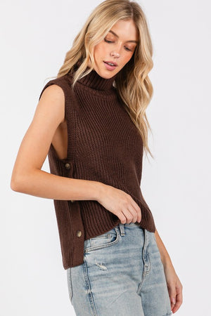 SLEEVELESS TURTLENECK SWEATER VEST (BROWN) WITH SIDE BUTTON CLOSURES