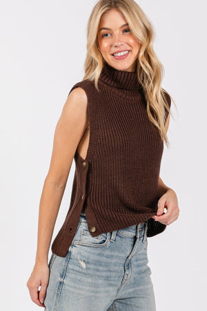 SLEEVELESS TURTLENECK SWEATER VEST (BROWN) WITH SIDE BUTTON CLOSURES