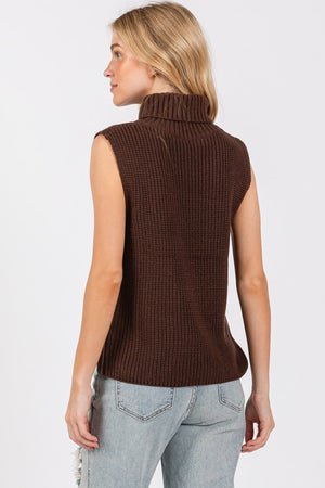 SLEEVELESS TURTLENECK SWEATER VEST (BROWN) WITH SIDE BUTTON CLOSURES