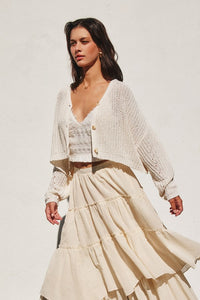 BOXY CROPPED CARDIGAN IN IVORY WITH FUNCTIONAL BUTTON CLOSURES