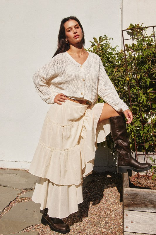 BOXY CROPPED CARDIGAN IN IVORY WITH FUNCTIONAL BUTTON CLOSURES