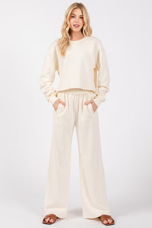 WIDE LEG RIBBED KNIT LOUNGE PANTS (CREAM) WITH POCKETS AND RIBBED SIDE PANEL 