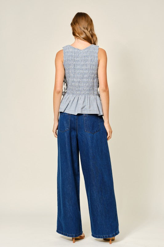 Subtle Ruffle GINGHAM SMOCKED SIDE TIE RUFFLE TOP (BLUE) – KaLi Trends