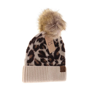 C.C Beige  LEOPARD BEANIE WITH matching faux fur pom and rolled up brim