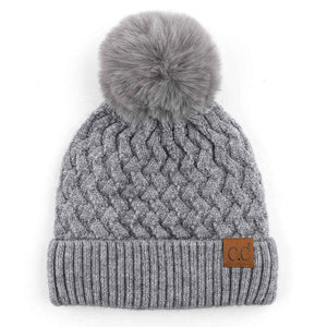 Cable knit beanie (Dark Gray) with matching pom and cuff