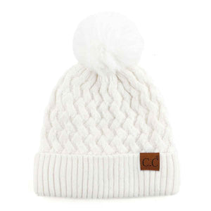 C.C BEANIE WITH MATCHING POM (WHITE) and cuff