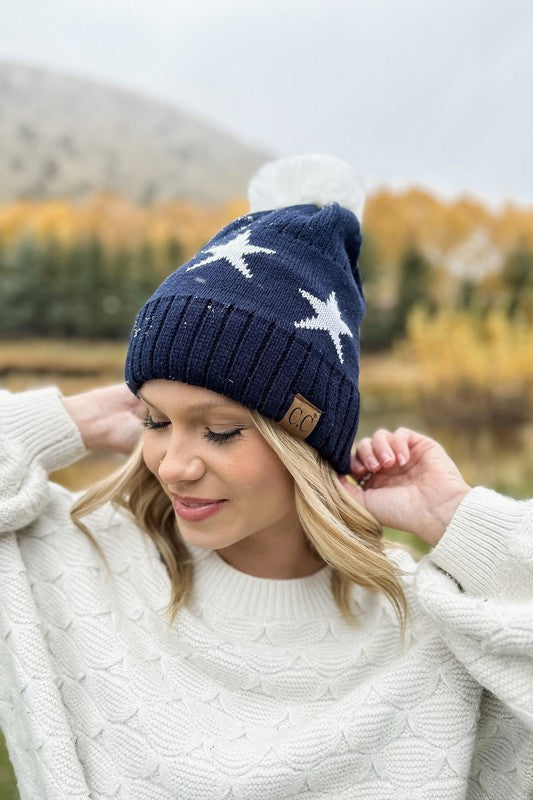 C.C STAR BEANIE WITH POM (NAVY)