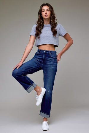 CUFFED HIGH WAISTED JEANS (DARK WASH)