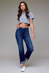 CUFFED HIGH WAISTED JEANS (DARK WASH)