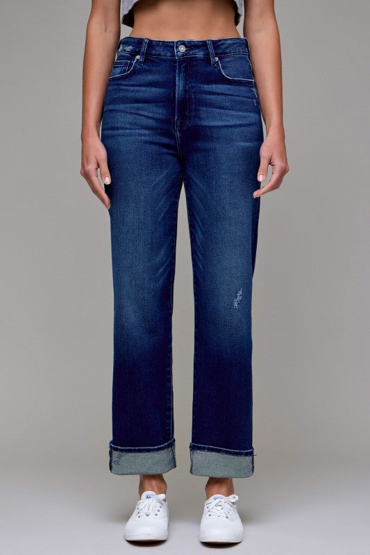 CUFFED HIGH WAISTED JEANS (DARK WASH)