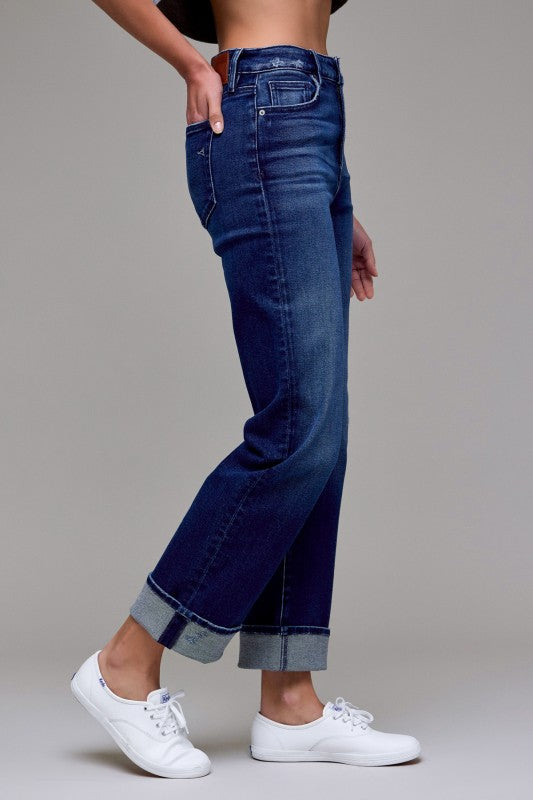 CUFFED HIGH WAISTED JEANS (DARK WASH)
