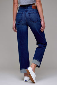 CUFFED HIGH WAISTED JEANS (DARK WASH)