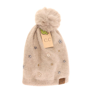 C.C CABLE STAR STUDDED POM BEANIE (TAUPE)