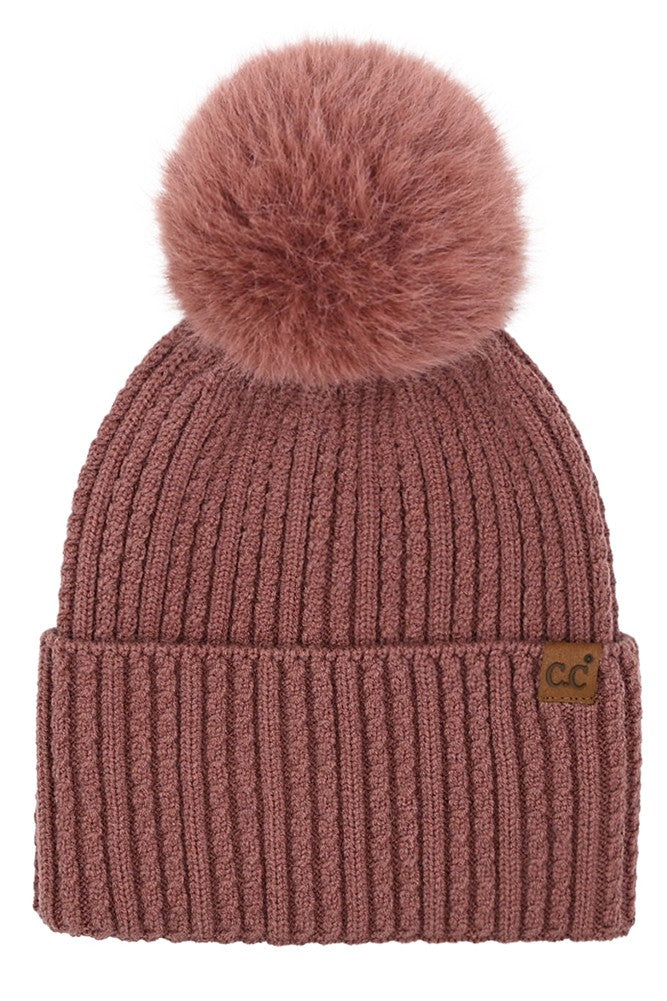 C.C. CABLE CUFF POM BEANIE IN COCO BERRY COLOR