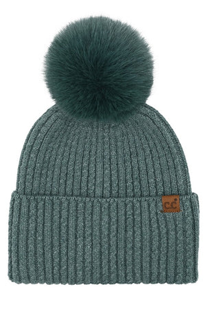 Winter Beanie with Pom Fold-over Cable Cuff Small Suede C.C Patch Color: Forest Green Fabric