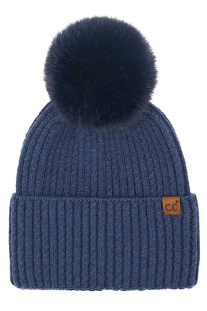 Winter Beanie with Pom Fold-over Cable Cuff Small Suede C.C Patch Color: Navy