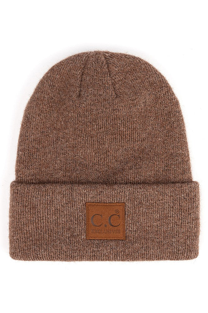 C.C HEATHERED BOYFRIEND BEANIE WITH FOLD OVER CUFF, COLOR CACAO