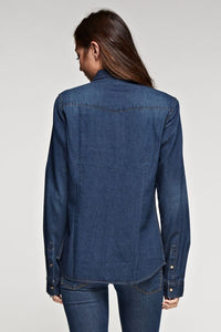 Dark wash snap front denim shirt with contrast stitch, collar and two front flap pockets.