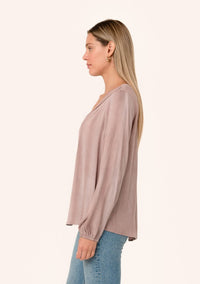 PLEATED LONG SLEEVE V-NECK BLOUSE (ROSE WATER)