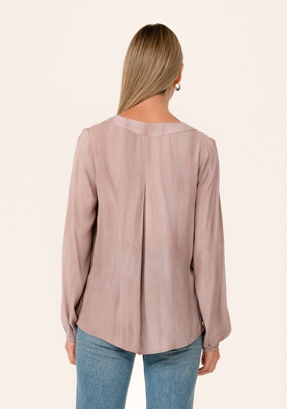 PLEATED LONG SLEEVE V-NECK BLOUSE (ROSE WATER)