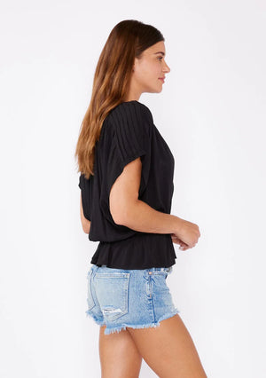 button front dolman short sleeve peplum top in black