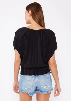 button front dolman short sleeve peplum top in black