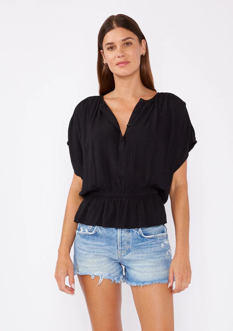 button front dolman short sleeve peplum top in black