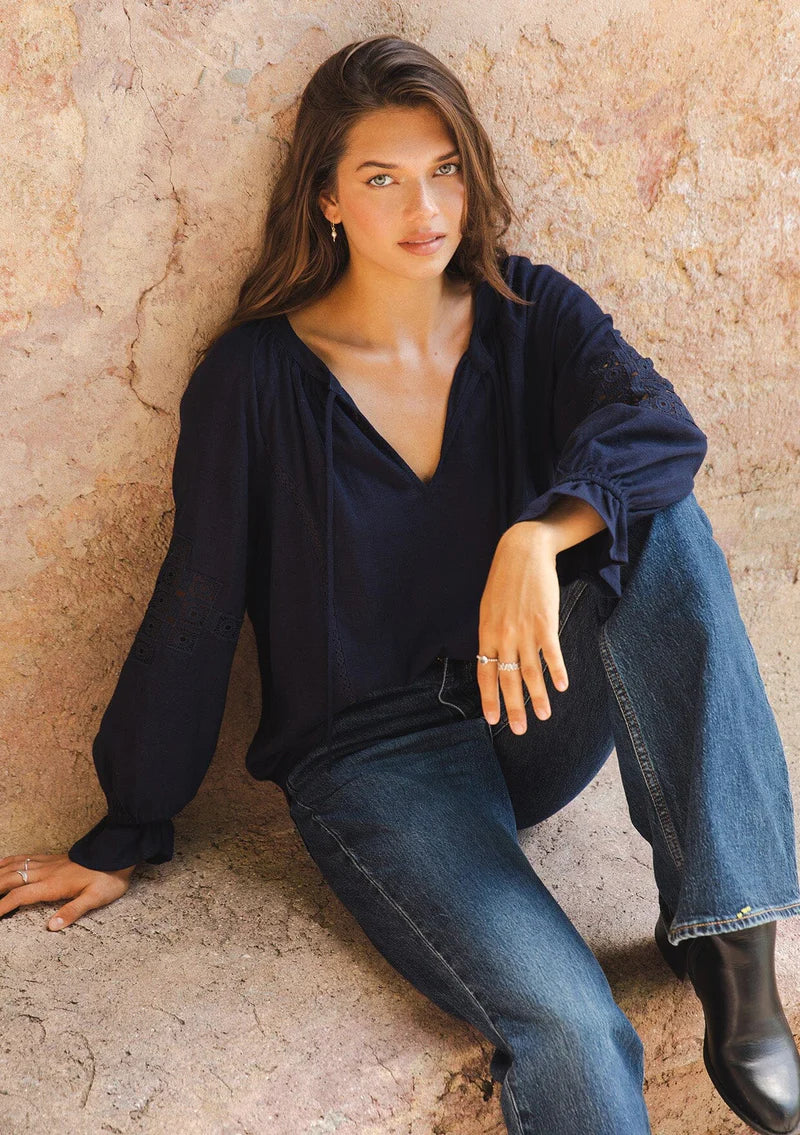 navy embroidered lace trim ruffle blouse, long sleeves with ruffled elastic wrist cuff