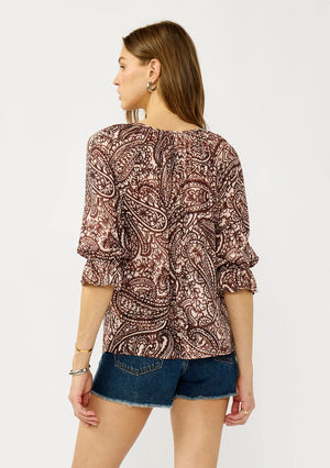 Bohemian Paisley Print Top in natural and brown shades with subtle gold metallic thread details, ¾ length sleeves with ruffled elastic cuff, split v-neckline and ties