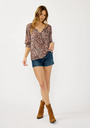 Bohemian Paisley Print Top in natural and brown shades with subtle gold metallic thread details, ¾ length sleeves with ruffled elastic cuff, split v-neckline and ties