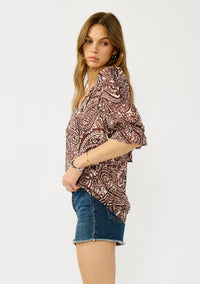 Bohemian Paisley Print Top in natural and brown shades with subtle gold metallic thread details, ¾ length sleeves with ruffled elastic cuff, split v-neckline and ties