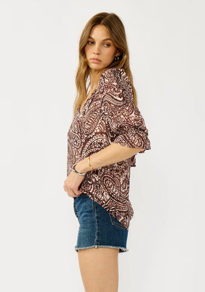 Bohemian Paisley Print Top in natural and brown shades with subtle gold metallic thread details, ¾ length sleeves with ruffled elastic cuff, split v-neckline and ties