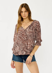 Bohemian Paisley Print Top in natural and brown shades with subtle gold metallic thread details, ¾ length sleeves with ruffled elastic cuff, split v-neckline and ties