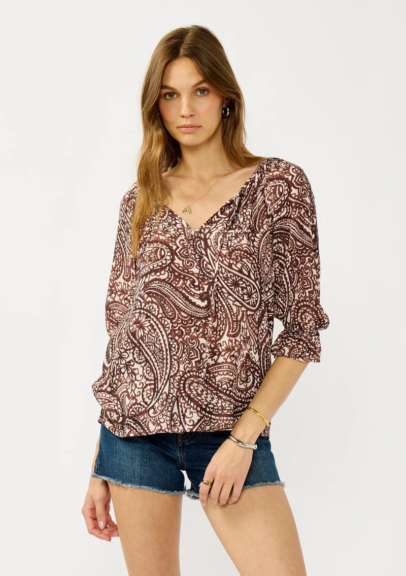 Bohemian Paisley Print Top in natural and brown shades with subtle gold metallic thread details, ¾ length sleeves with ruffled elastic cuff, split v-neckline and ties