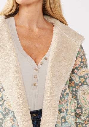 ULTRA SUEDE PAISLEY PRINT  HOODED SHERPA-LINED JACKET 